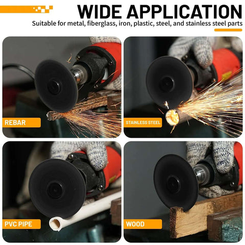 Wide application of a five piece three inch cut off wheel set with quarter inch shaft mandrel for die grinders and rotary tools cutting rebar, stainless steel, PVC pipe, and wood.