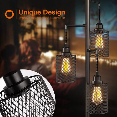 LED Industrial Floor Lamp With Three Cage Heads And Edison Bulbs, Tall Vintage Tree Style Lighting in black rustic finish