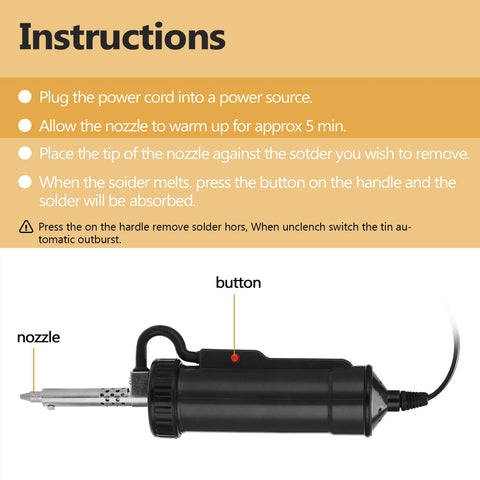 Instructions and image of Automatic Desoldering Pump Vacuum Solder Sucker Portable Electric Desoldering Tool 110V 30W nozzle and button.