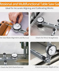 Pro Grade Dial Indicator Table Saw Gauge used for alignment and calibration in miter slots, showing precision measurements.