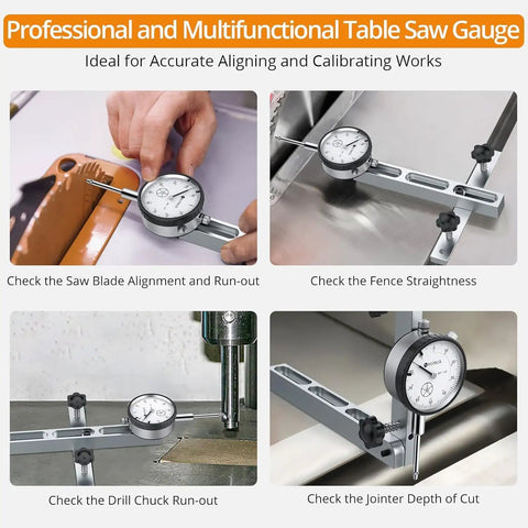 Pro Grade Dial Indicator Table Saw Gauge used for alignment and calibration in miter slots, showing precision measurements.