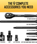 Three Eighth Inch Drive Impact Socket Set With Ratchet Handle Extension Bar Universal Joint And Adapter Includes 57 Piece SAE And Metric Sockets From Five Sixteenths To Three Fourth Inch And Eight To Twenty Two Millimeter For Serious Gearhead Work showing extension bars and ratchet handle