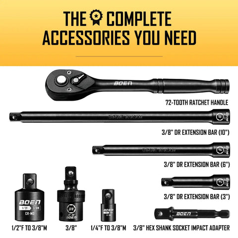 Three Eighth Inch Drive Impact Socket Set With Ratchet Handle Extension Bar Universal Joint And Adapter Includes 57 Piece SAE And Metric Sockets From Five Sixteenths To Three Fourth Inch And Eight To Twenty Two Millimeter For Serious Gearhead Work showing extension bars and ratchet handle
