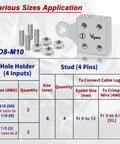 Image of Eight Way Battery Terminal Distribution Block For Lithium Or Agm Batteries Featuring Four Awg Hole Holders Plus Threaded Studs with size details.