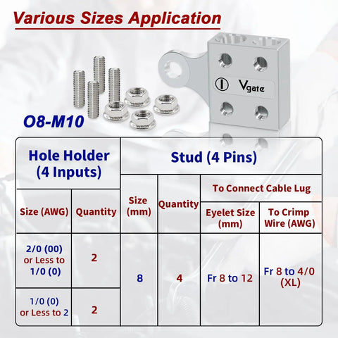 Image of Eight Way Battery Terminal Distribution Block For Lithium Or Agm Batteries Featuring Four Awg Hole Holders Plus Threaded Studs with size details.