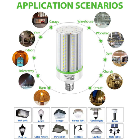 Ultra Bright 100W LED Corn Bulb 14000 Lumen Daylight 5000K with application scenarios for warehouse, garage, workshop, and more.