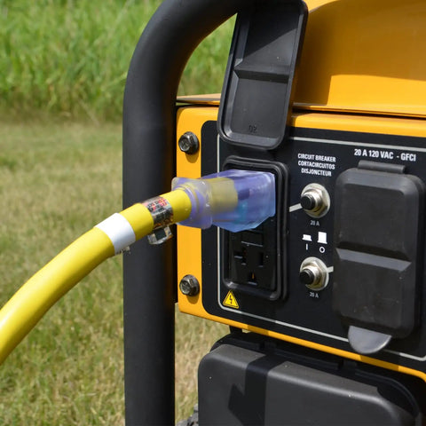 Heavy Duty 50 Foot Outdoor Extension Cord With Lighted End, 15 Amp 125 Volt, 10 Gauge STW 600V Cable plugged into generator