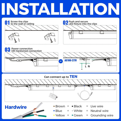 Installation guide for Ultra Bright LED T5 Shop Light 3 Foot 6500K With Built In On Off Switch 16W Low Power Over 1900 Lumens ETL Listed