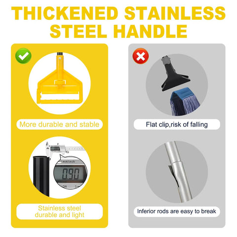 Thickened stainless steel handle comparison for Commercial Heavy Duty Mop Pack Legit Tough On Grime Features 60 Inch Long Handle.