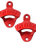 Red Cast Iron Wall Mounted Bottle Cap Opener Set With Open Here Embossed Deck Bar Accessory For Beer And Soda No Sweat Single Hand Pop Party Essential Solid Build Heavy Duty Design. Two openers displayed.