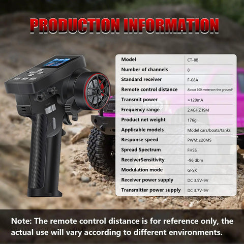8 Channel 2.4GHz RC Transmitter With Receiver, ergonomic grip and specifications, ideal for SCX30 SCX24 Axial RC cars crawler
