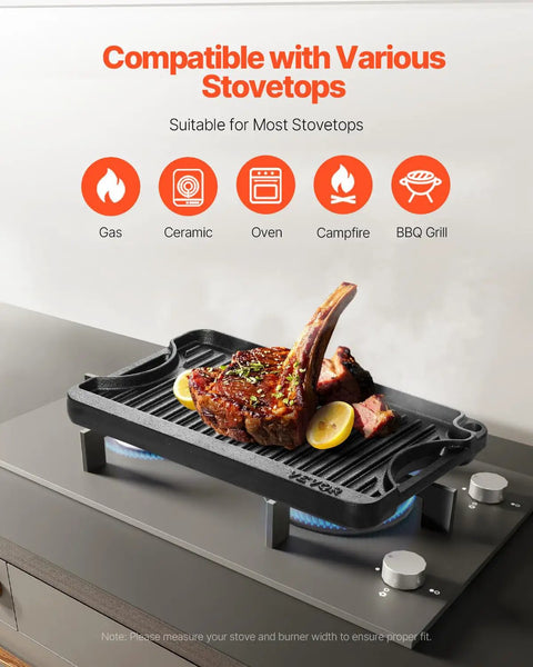 Reversible Cast Iron Grill And Griddle Pan Fourteen By Eight And A Half Inch Preseasoned Portable with steak and lemons on gas stovetop