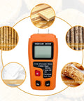 Pro Grade Wood Moisture Meter Digital Humidity Tester For Timber with large LCD in orange case surrounded by various materials