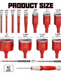 Diamond hole saw drill bit set, 15 pcs, 1/4–2 in, red storage bag, front view
