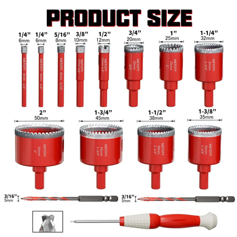 Diamond hole saw drill bit set, 15 pcs, 1/4–2 in, red storage bag, front view