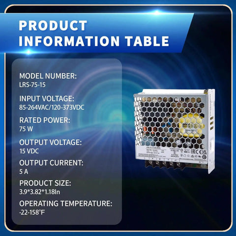Heavy Duty Ultra Slim Ac Dc Switching Power Supply 75W 15V 5A Enclosed Model with product specifications table.