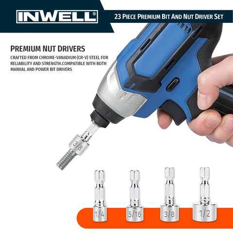 Hand using power driver with 23 piece premium bit and nut driver set for Compact 41 Piece 1/4 Inch Drive Mini Ratchet Wrench Set With Mini Socket Set And Screwdriver Bits Phillips Slotted Hex Torx Tamper Proof Adapter For Tight Spaces Must Have For DIY Home Auto Bike Electronics Repair