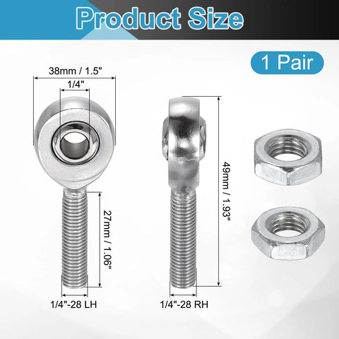 Knockout Quarter Inch Rod End Kit With Right And Left Hand Threads And Jam Nuts For Traction Bars And Steering Linkage Beefy Chrome Plated Steel For Garage Undercarriage Builds showing dimensions and features.