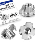 50 Pack Three Eighth Inch 16 T Nuts For Wood Zinc Plated Carbon Steel Four Prong Tee Inserts on display with card.