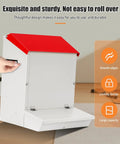 Game Changing Gravity Fed Auto Cat And Dog Food Bowl Station For Two Fur Kids Featuring Leak Proof Double Stainless Troughs Tough Outside Kibble Dispenser in white with red roof and large capacity.