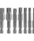 Top Notch 7 Piece Triple Square Spline Bit Set With 1/4 Inch Hex Shank And 12 Point Magnetic Torx Head, S2 steel drivers for M4-M12 fasteners.