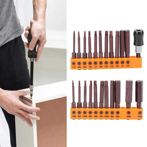 Awesome 23 Pc Screwdriver Bit Set With Hex S2 Steel Hardened Bits Perfect For Electric Drill Or Manual Jobs Plus 2 Headgears For Any Tough Hardware Repair Around The House, 23-piece S2 steel hex bit set in orange holder