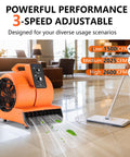 Heavy Duty 1/2 HP Air Mover Delivers 2600 CFM, Portable Blower For Carpets with 3 speed settings used indoors on wet floor