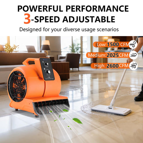 Heavy Duty 1/2 HP Air Mover Delivers 2600 CFM, Portable Blower For Carpets with 3 speed settings used indoors on wet floor