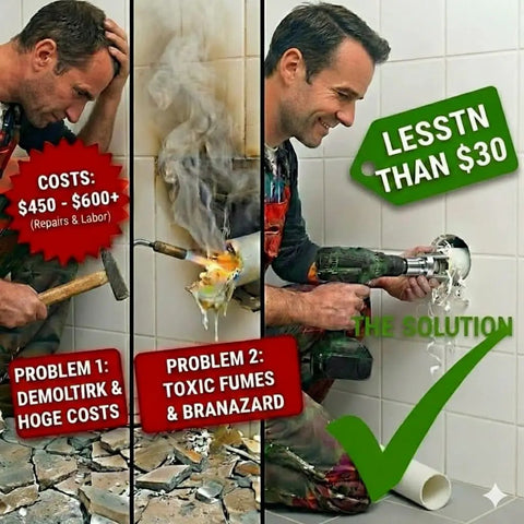 Comparison of expensive plumbing repairs versus a cost-effective $30 solution with heavy duty PVC pipe threader kit use.