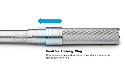 Industrial Torque Wrench 30 to 150 in-lbs, One Quarter Inch Drive, Matte Chrome Finish, showing positive locking ring