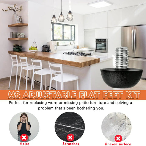 Upgrade Your Home Setup With Eight Piece Adjustable M8 Furniture Levelers Featuring Tough Stainless Steel Build Non Marking Nylon Base Smooths Wobbly Tables And Sturdy Desks in modern kitchen setting.