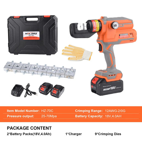 Slick Electric Hydraulic Crimping Tool Featuring Brushless Motor, 12 Ton Battery Lug Wire Crimper With Nine Dies For Copper Terminals From 12awg To 2awg, No Sweat Job Site Heavy Lifter with accessories and case.