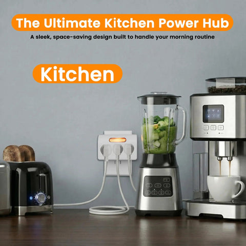 Plenty Of Power Now Super Slim 3 Plug Extender With Soft Led Guide Light 1875W grounded wall splitter for kitchen appliances.