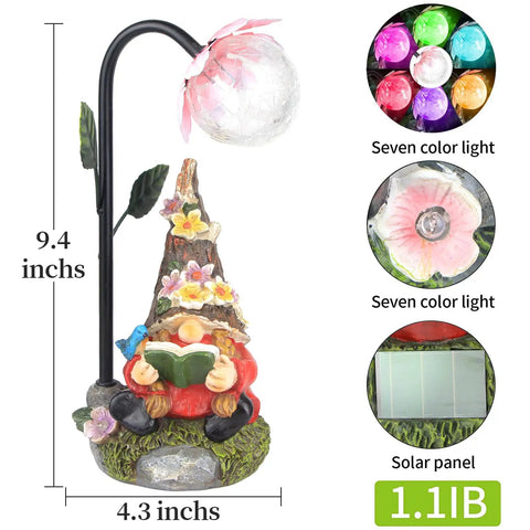 Colorful Gradient Solar LED Garden Gnome Statue For Outdoor Patio Balcony Yard Lawn Decor Gift featuring a seated gnome reading