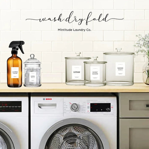 Waterproof Laundry Room Labels For Containers And Cabinets on storage jars and spray bottle in washroom setting