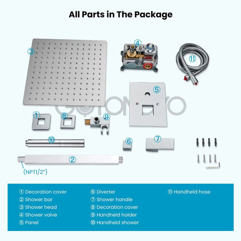 All In One Ceiling Mount Shower System With 12 Inch Rainfall Showerhead And Handheld Sprayer parts display