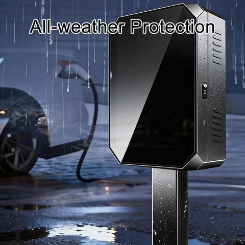 EV Charger Protector Box Pedestal Stand in rain showcasing thick galvanized steel and weatherproof design.