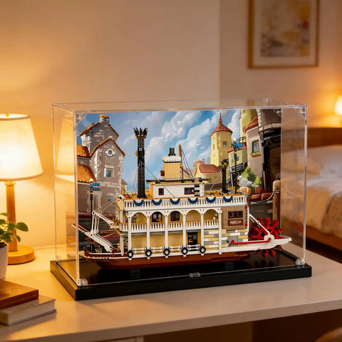 Dust Proof Crystal Clear Acrylic Display Case For Lego 21356 Steampunk Ships With 0.8 Inch Elevated Base on a table