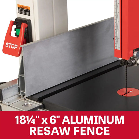 Close-up of 14-Inch Woodworking Band Saw With 1.75 HP Dual Voltage 115/230V 1Ph, featuring aluminum resaw fence.