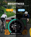 600C Electric Bike Display Panel Waterproof Meter Control Unit with brightness settings, day and night modes shown, cycling scene