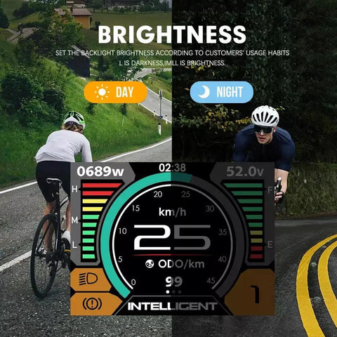 600C Electric Bike Display Panel Waterproof Meter Control Unit with brightness settings, day and night modes shown, cycling scene