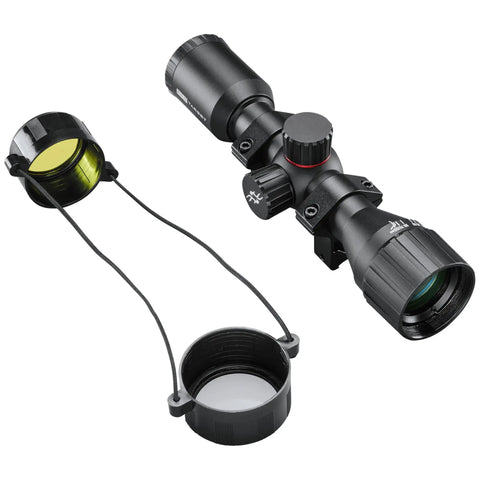 Target Air 4x32mm Rifle Scope with IPX7 waterproof, fogproof optics and knurled magnification ring, shown with lens covers detached.