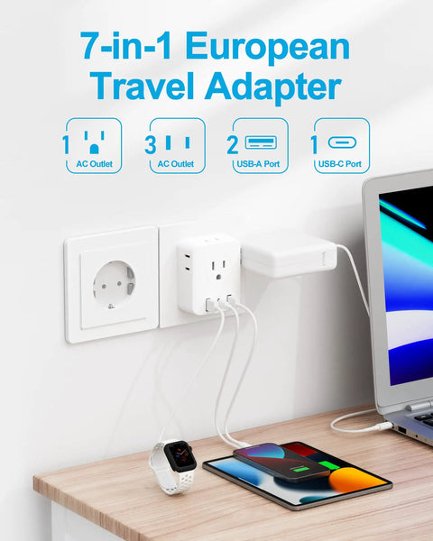 7-In-1 Foldable European Travel Plug Adapter With 4 AC Outlets 2 USB-A Ports And USB-C Fast Charge in use on desktop