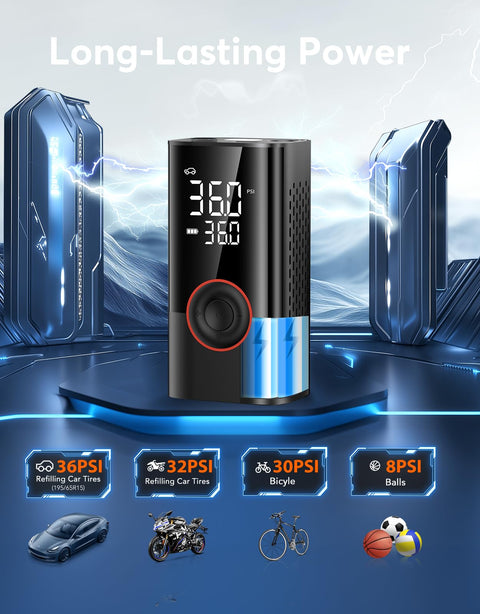 Portable Tire Inflator Air Compressor 150 PSI Cordless Pump With LED Light And Digital Pressure Gauge For Car Bike Motorcycle And Ball Quick Inflate Auto Shut Off displayed with digital screen and pressure settings.