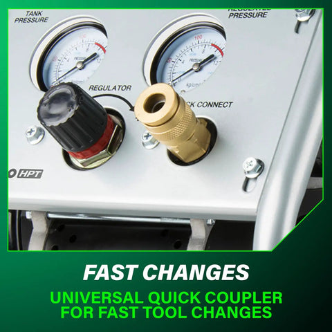 Close-up of universal quick coupler on Ultra Quiet 1 Gallon Oil Free Portable Air Compressor With 59 dB Operation Compact Design
