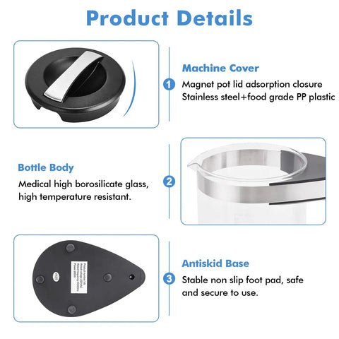 Product details of Upgraded Hydrogen Water Generator 110V with lid, borosilicate glass body, and antiskid base.