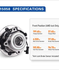4WD Front Wheel Bearing Hub Assembly Fits Chevy Silverado Suburban Avalanche 1500 2500 3500 HD GMC Sierra 1500 2500 3500 Yukon XL 2500 Hummer H2 8 Lug Replacement with specifications shown.