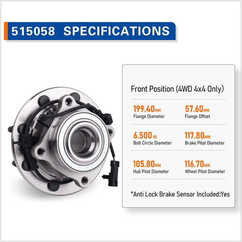 4WD Front Wheel Bearing Hub Assembly Fits Chevy Silverado Suburban Avalanche 1500 2500 3500 HD GMC Sierra 1500 2500 3500 Yukon XL 2500 Hummer H2 8 Lug Replacement with specifications shown.