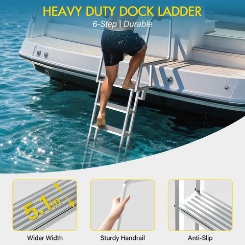 Flip Up Dock Ladder For Boats And Docks, 4 Steps, 350 Lbs Capacity, Wide Non Slip Aluminum Steps, Lightweight Durable Marine Stair With Easy Fold Up For Easy Access On Deck Or Pier, 6-step boat ladder on yacht