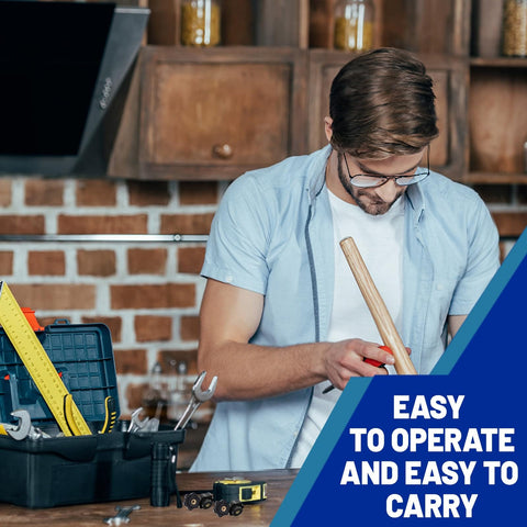 Man in kitchen using hammer with open toolbox and text overlay 'Easy to Operate and Easy to Carry'.